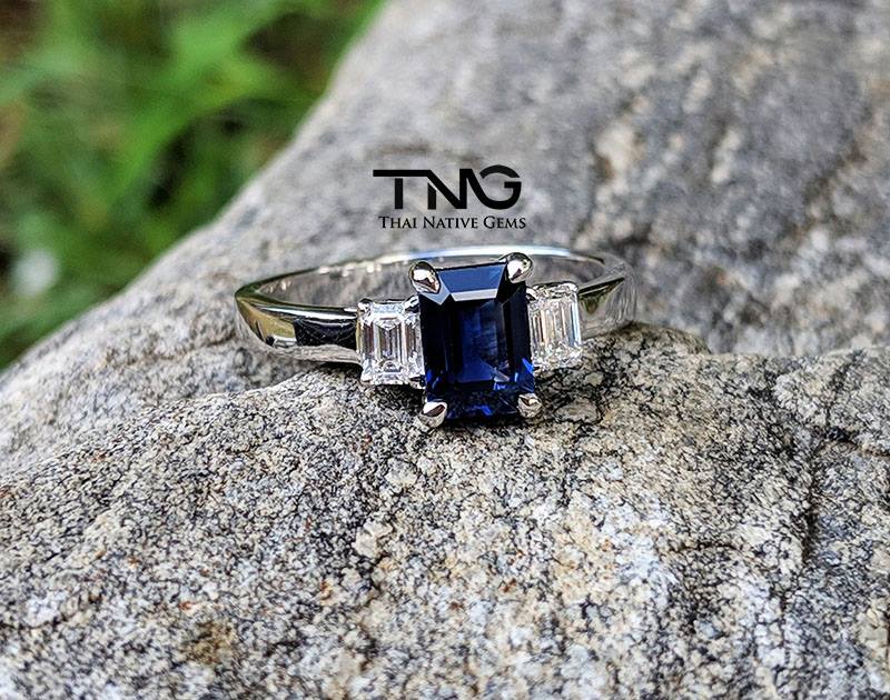 Octagon Blue Sapphire Diamond Engagement Ring