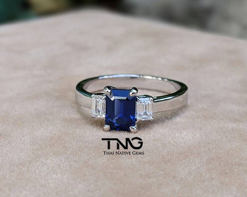 Emerald Cut Blue Sapphire Diamond Engagement Ring
