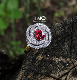 Flower Swirl Design 1 Carat Unheated Ruby & Diamond Ring 18K White and Yellow Gold