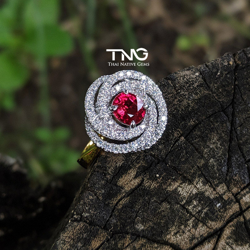 Flower Swirl Design 1 Carat Unheated Ruby & Diamond Ring 18K White and Yellow Gold