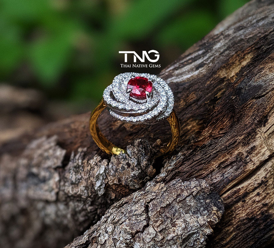 Unheated Mozambique Ruby Swirl Flower Diamond Halo Engagement Ring