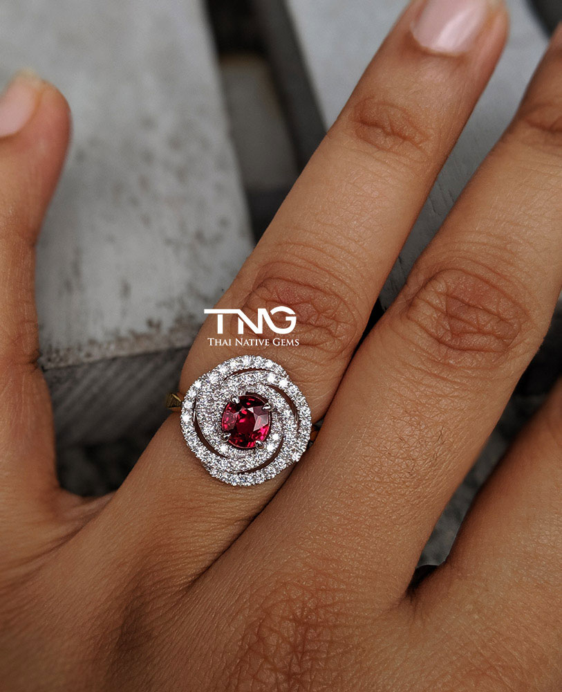 Ruby Swirl Flower Halo Diamond Engagement Ring from Bangkok