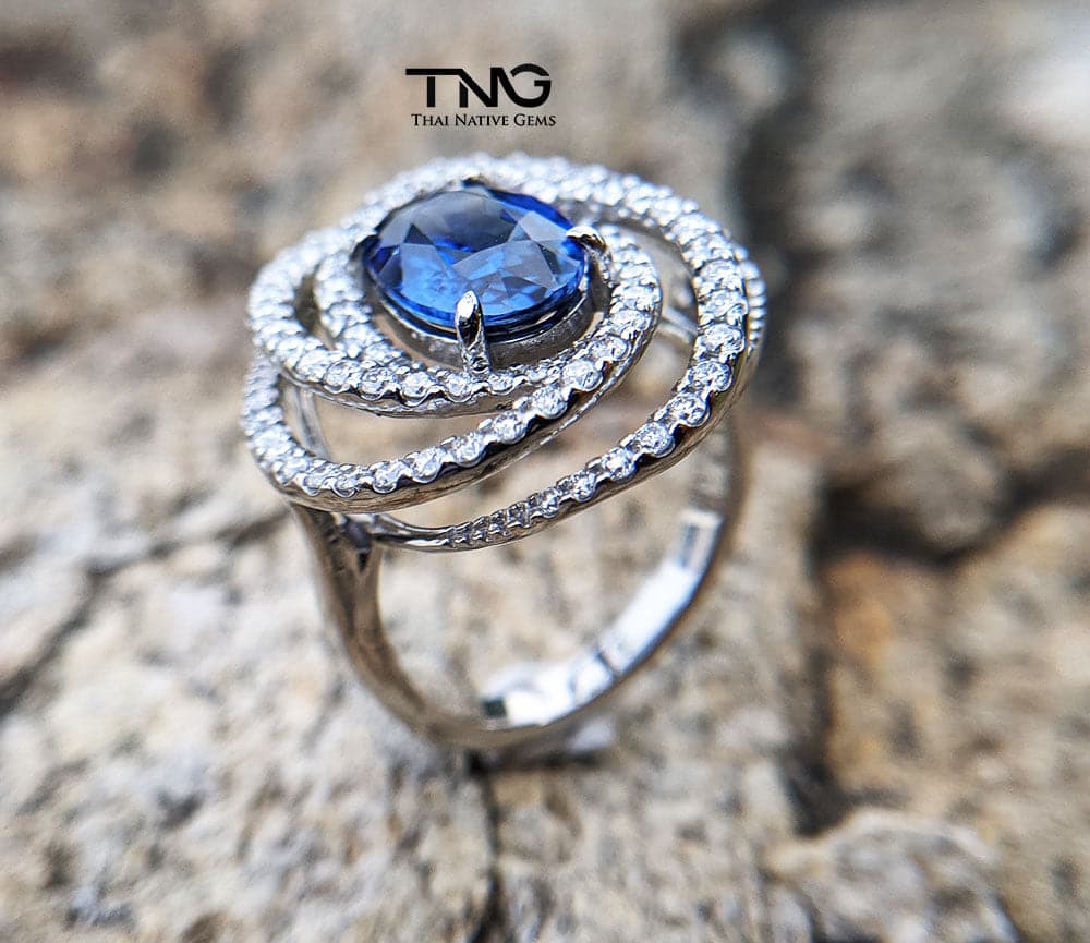 Blue Sapphire Swirl Design Diamond Engagement Ring