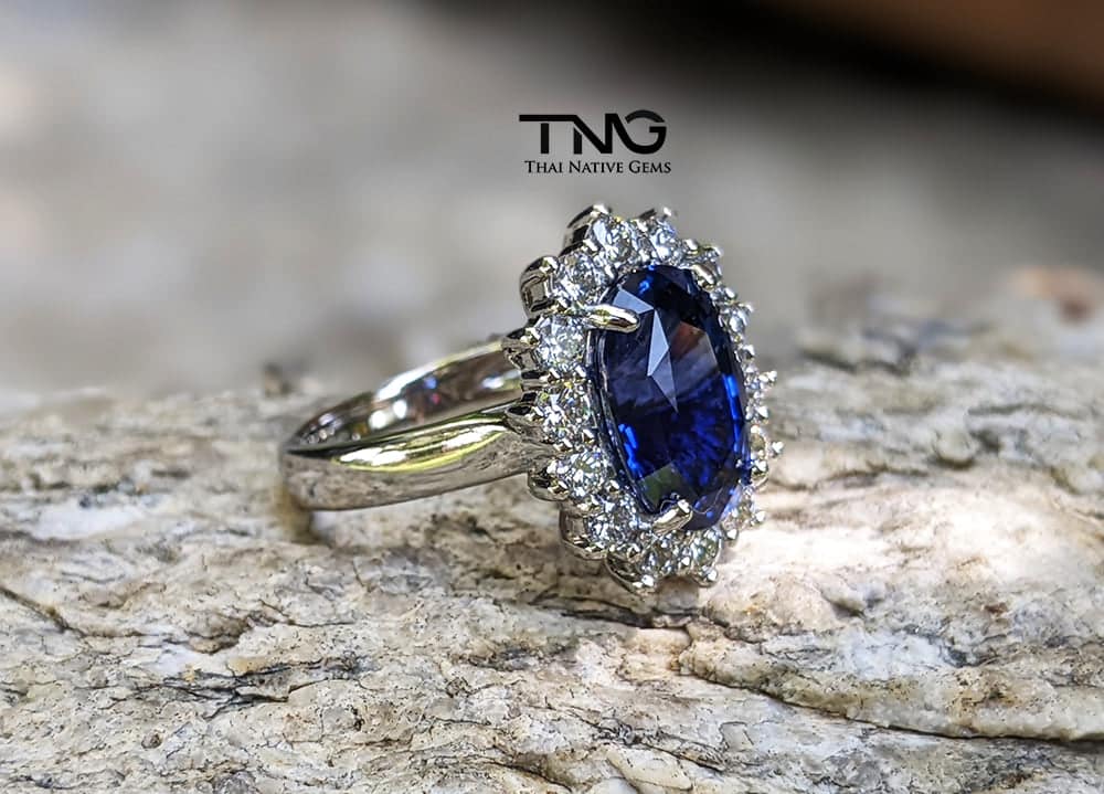 Blue Sapphire Halo Diamond Platinum Engagement Ring