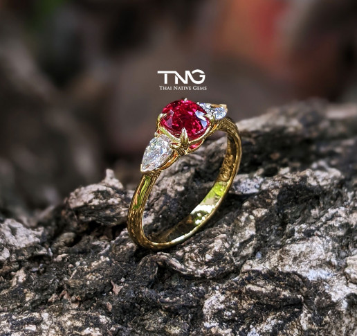 GIA Certified Solitaire Ruby with Pear Shape Side Diamonds in 18K Gold Ring
