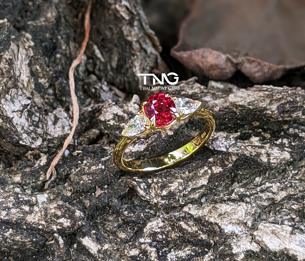 GIA Ruby Ring with Pear Shape side Diamonds in Yellow Gold Ring