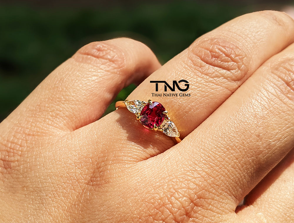 Vivid Red Pigeon Blood Ruby Ring with Pear side Diamonds in 18K Gold Engagement Ring