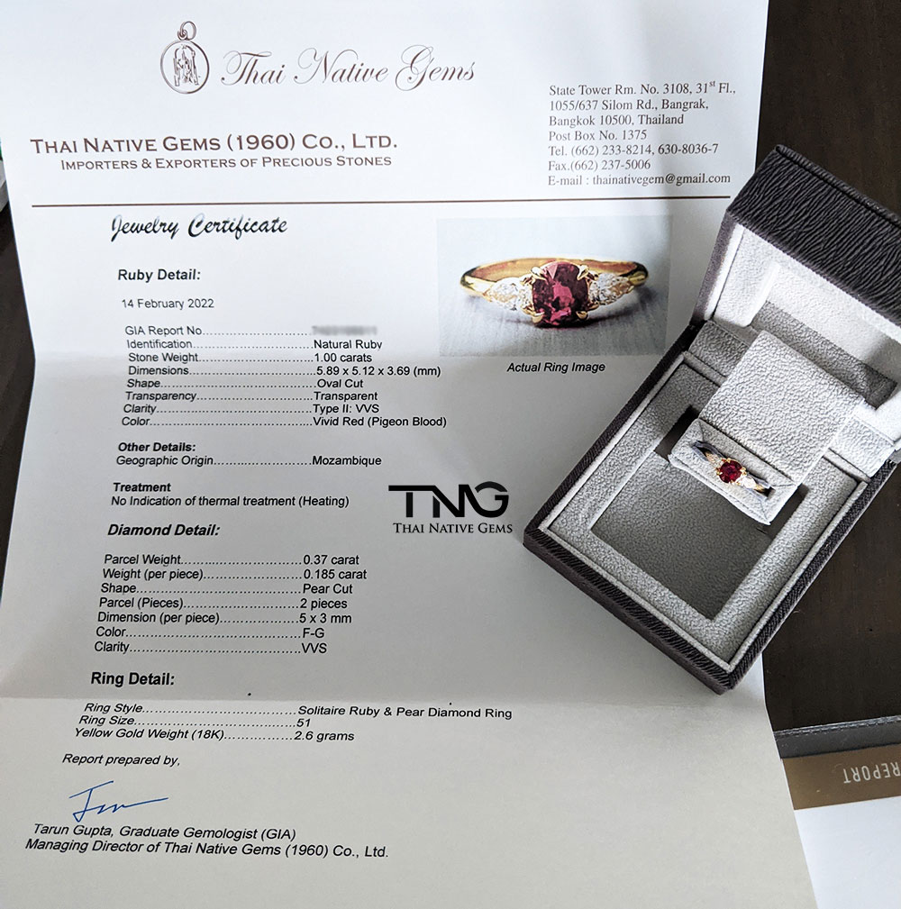 Thai Native Gems Certificate with GIA Ruby Pear Diamond Ring