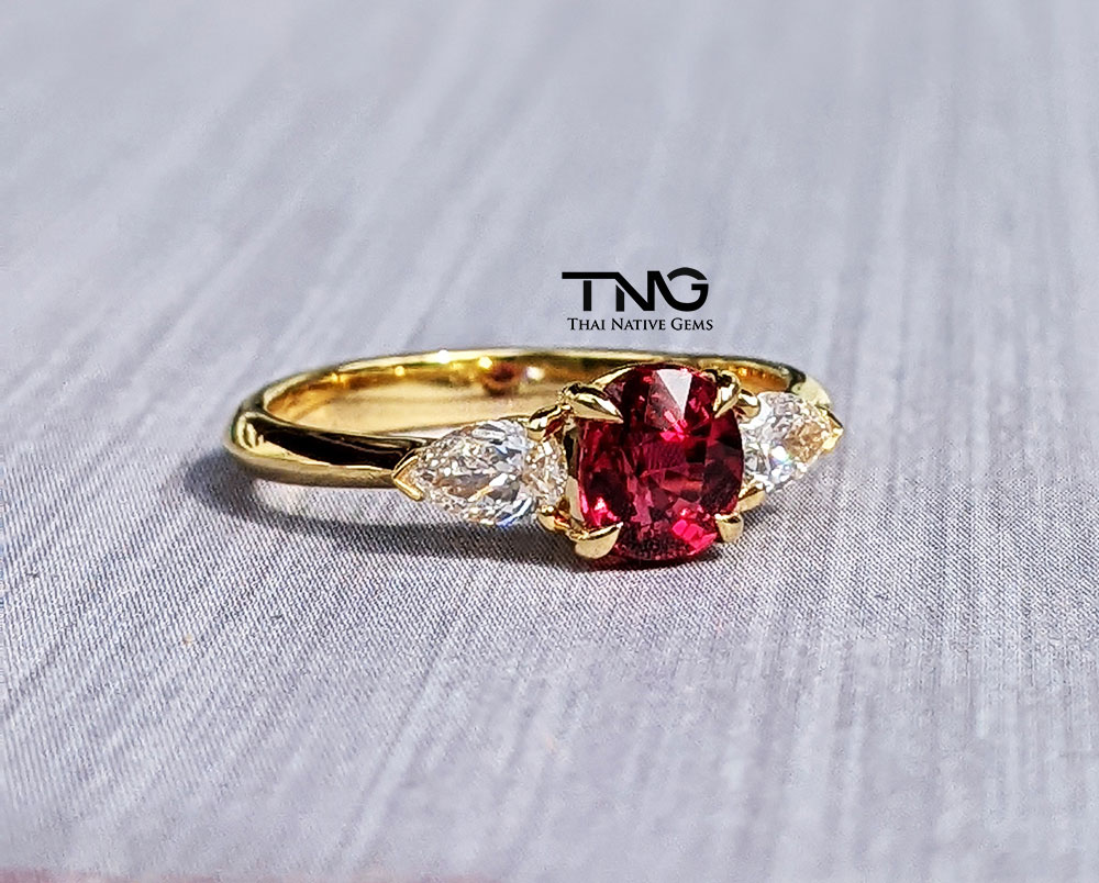 GIA Certified Solitaire Ruby with Pear Shape Side Diamonds in 18K Gold Ring from Bangkok