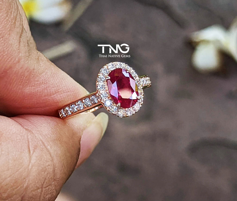 Ruby Halo & Side Diamonds Rose Gold Engagement Ring