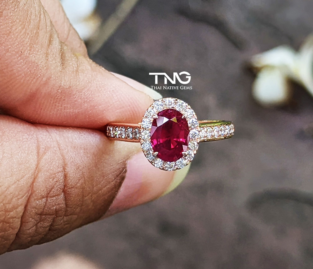 Ruby Halo & Side Diamonds Rose Gold Engagement Ring from Bangkok