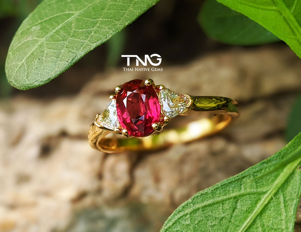 Solitaire Oval Ruby with Trillion Diamonds in Yellow Gold Engagement Ring