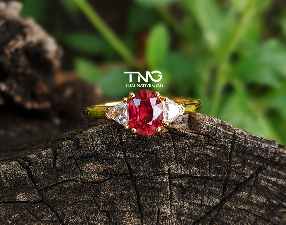 GRS Certified Ruby Ring with Trillion Side Diamonds in 18K Yellow Gold Bangkok