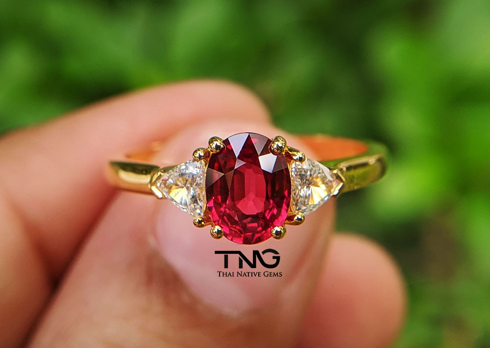 GRS Certified Solitaire Ruby with Trillion Side Diamonds in 18K Gold Ring